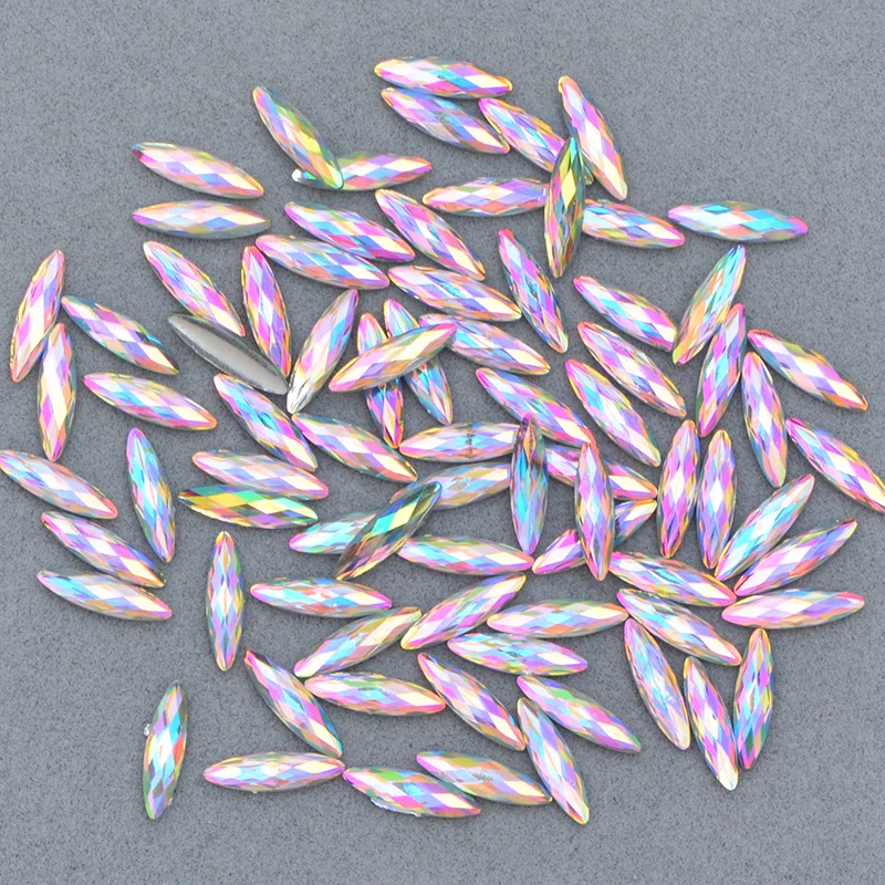 JUNAO 100pcs 4x15mm Crystal AB Resin Horse Eye Flatback Rhinestones Glue on Glitter Crystal Strass Scrapbook Beads for Garments