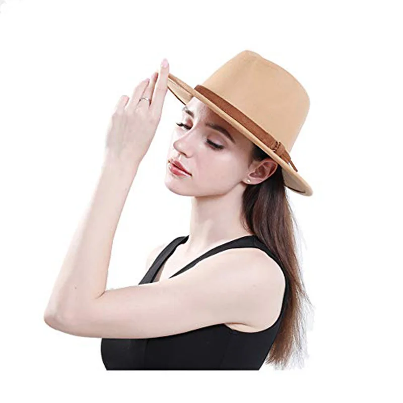 LUCKYLIANJI-Boné de aba larga de feltro retrô para homens e mulheres, chapéu Panamá Jazz Bowler, pulseira de couro vintage, Fedora 54, 57, 61cm