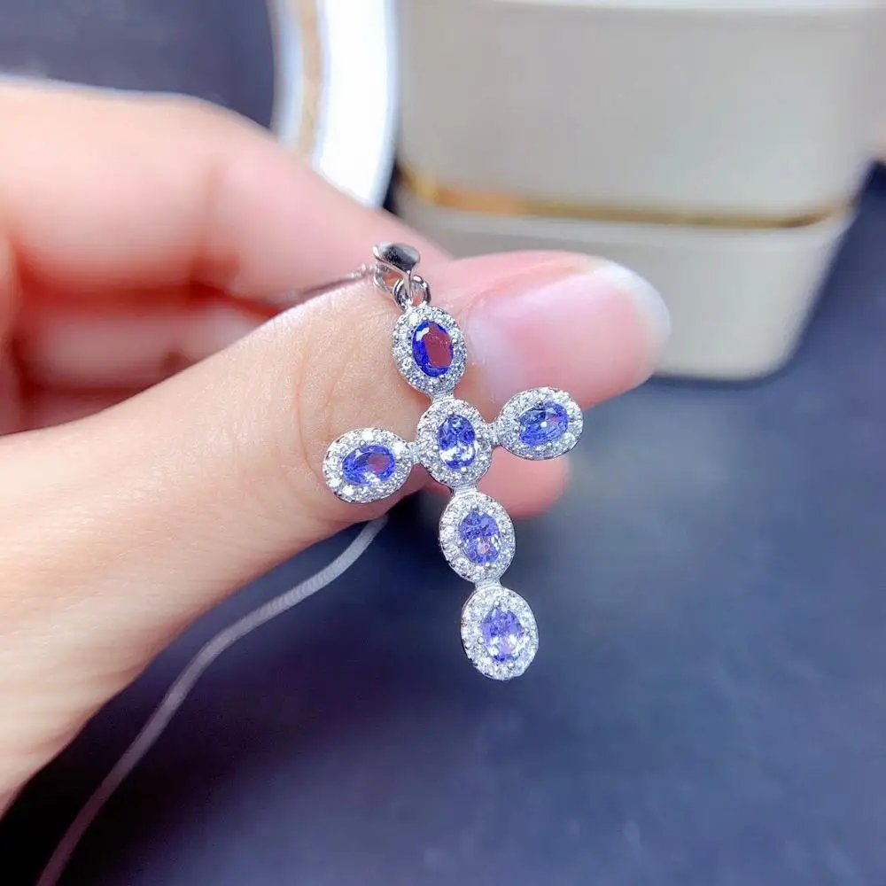 

High Quality Fashion New Coming luxury Natural and Real Cross Tanzanite necklace pendant 925 sterling silver Fashion Necklace