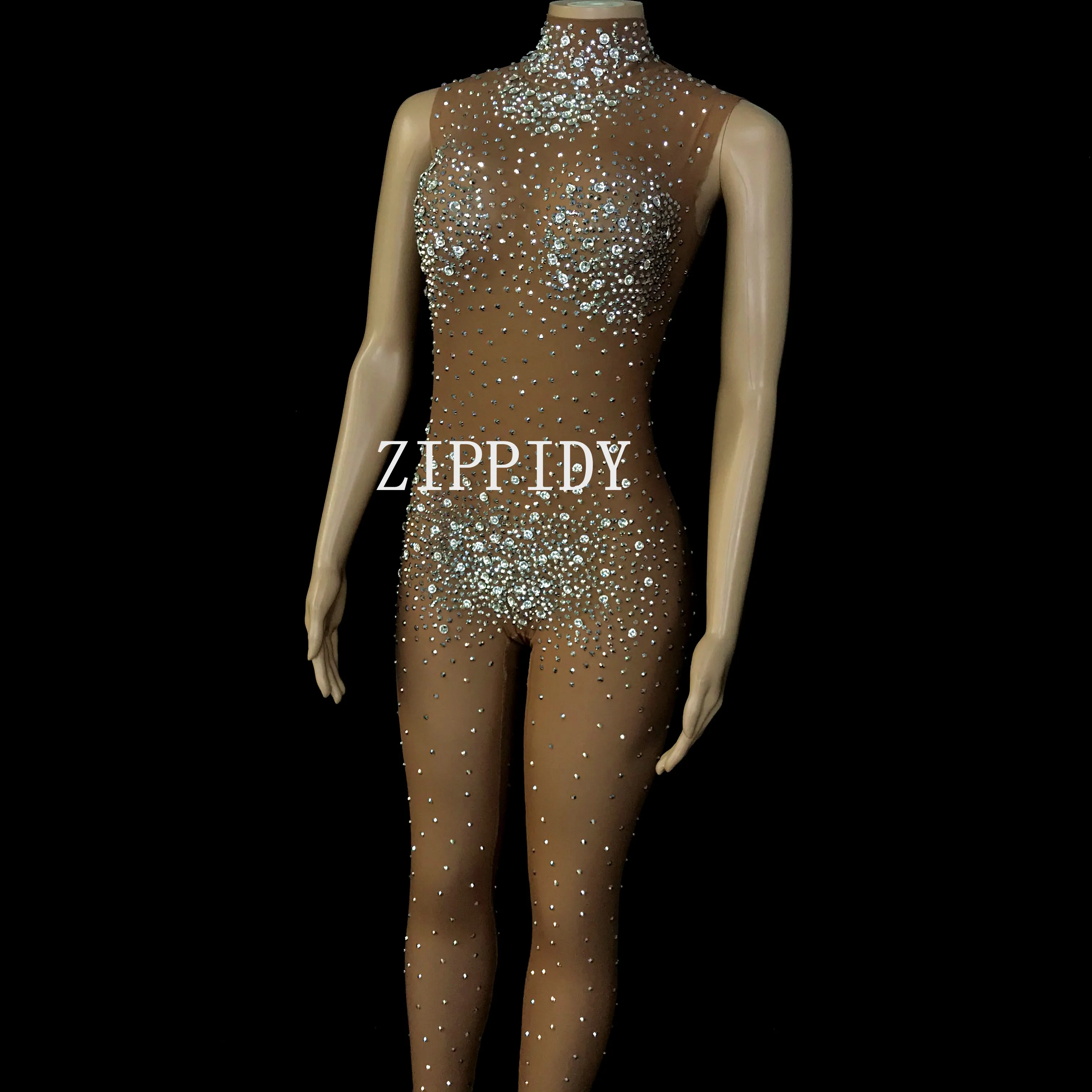 Sexy Tan See Through Mesh Silver Rhinestone Jumpsuit Transparent Leggings Dancer Prom Outfit Evening Birthday Celebrate Rompers