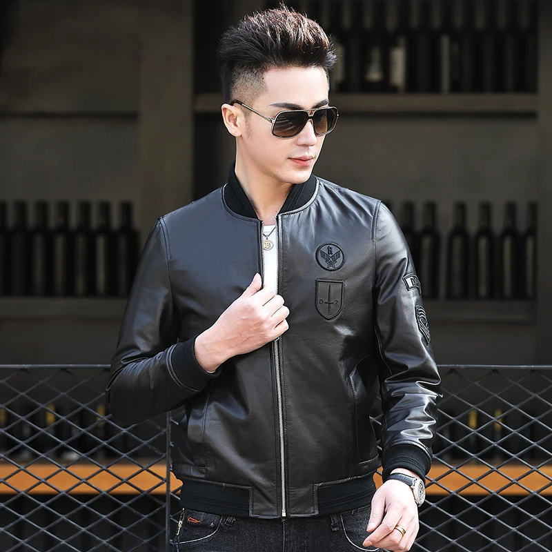 Genuine Leather Clothes Mens Motorcycle First Layer Calf Jacket Fashion Pilot Baseball Uniform