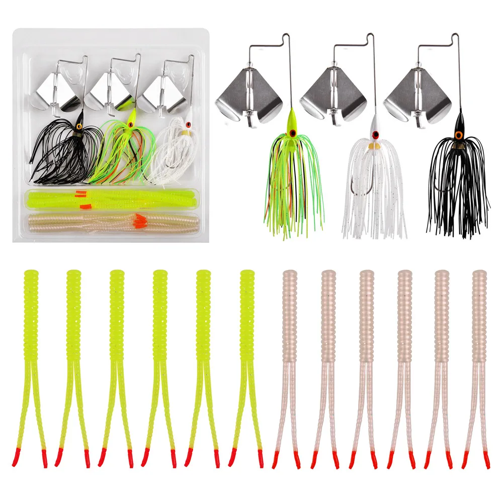 15/30/45Pcs Spinnerbait Fishing Lure Metal Jig Head Skirts Worm Baits Kits Swimbait for Bass Trout Salmon Trolling lure Fishing