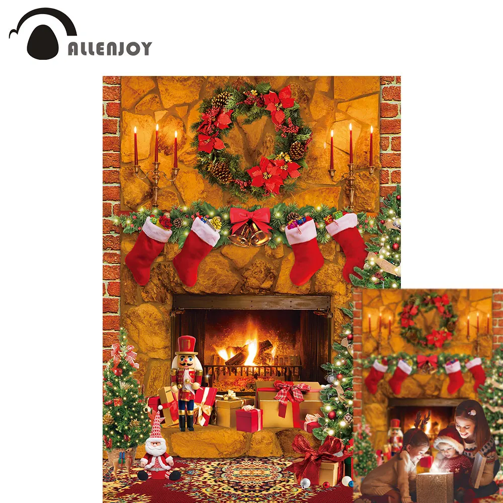 

Allenjoy Christmas Fireplace Photo Backdrop Holiday New Year Eve Christmas Tree Background Photo Booth Props Party Banner Decor