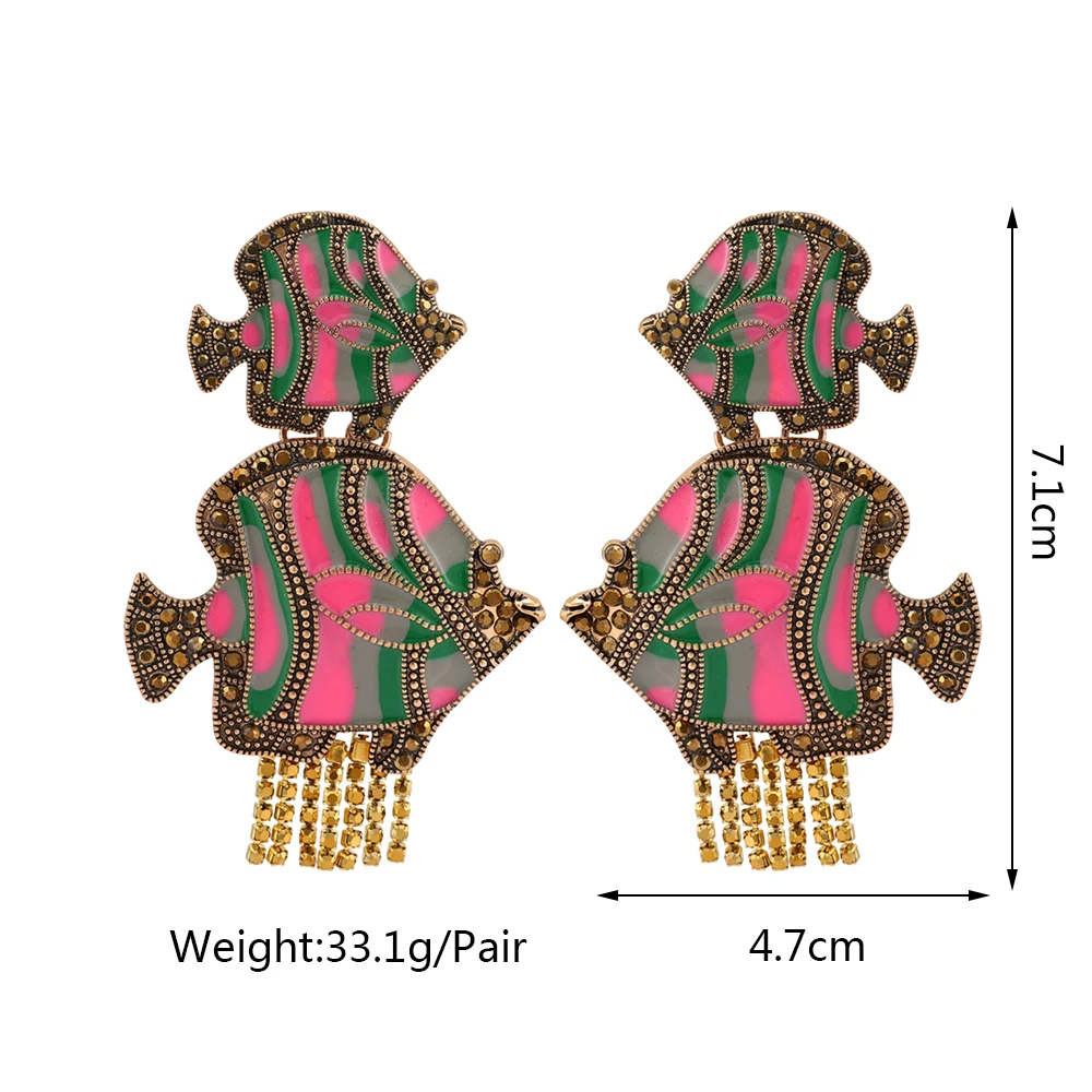 Vintage emaliowane podwójne rybie frędzle wiszące kolczyki dla kobiet dziewczyna metalowe kolczyki modne 2024 akcesoria jubilerskie