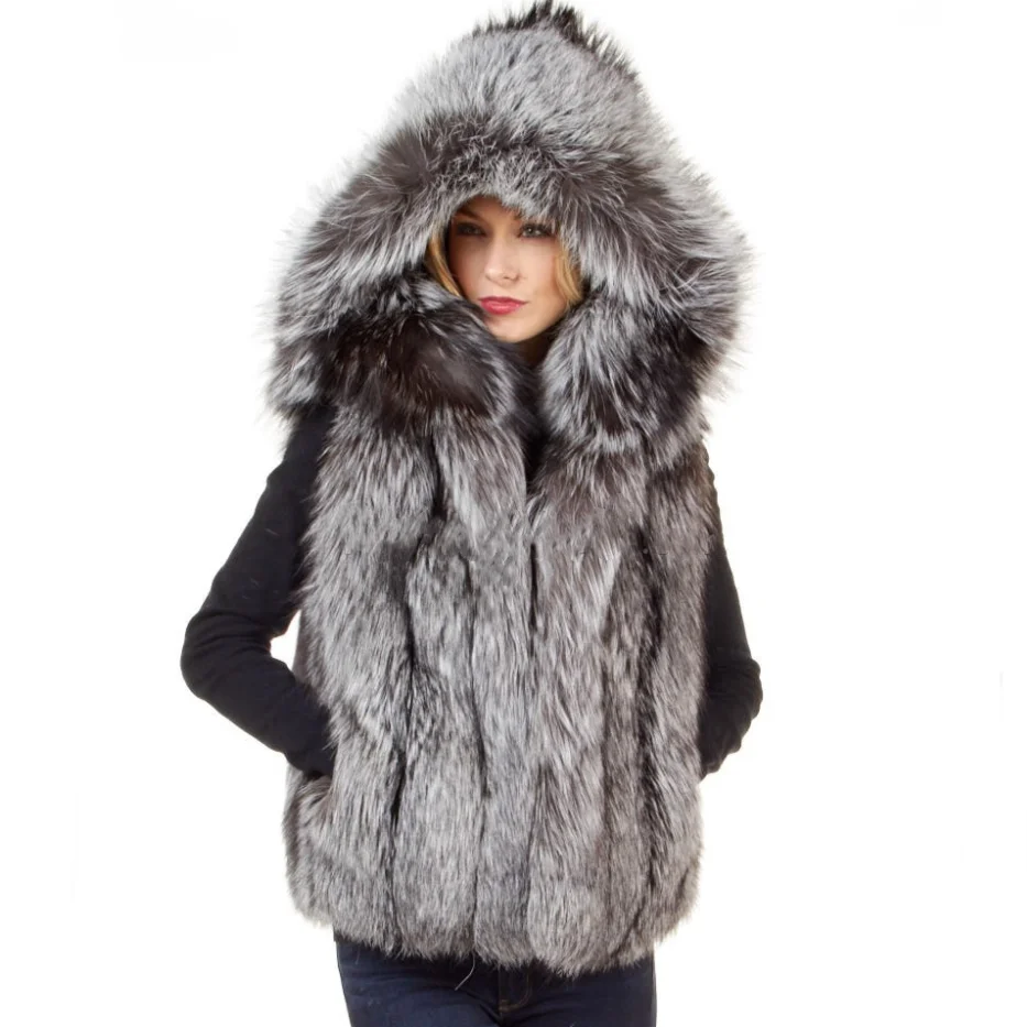 Natural Silver Fox Fur Hooded Vest for Ladies, 100% Real Fox Fur, Warm and Fashionable, Russian Street Style, Winter