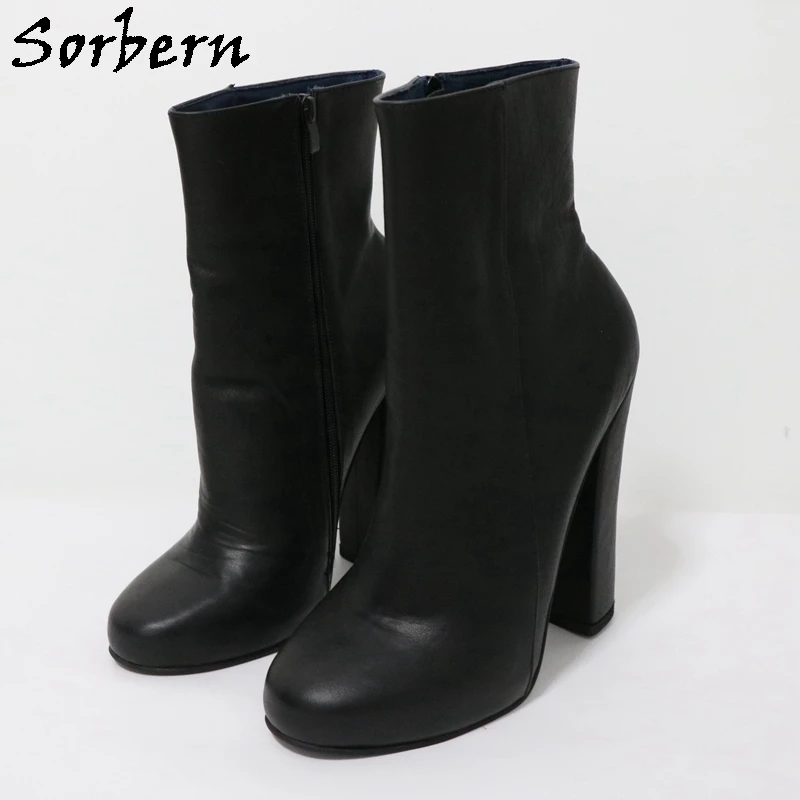 Sorbern Black Ankle Boots Women Real Leather Short Booties Unisex Side Zipper Block High Heels Round Toe