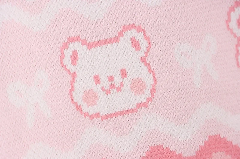 Harajuku Cute Women Knitted Sweater Soft Girls Kawaii Tops Bear Strawberry Print Anime Pullover Japanese Lolita Pink Cozy Jumper