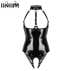 Sexy Womens Bare Breast Crotchless Bodysuit Open Crotch Latex Costume Wetlook Patent Leather Lingerie Halter Neck sexy mujeres