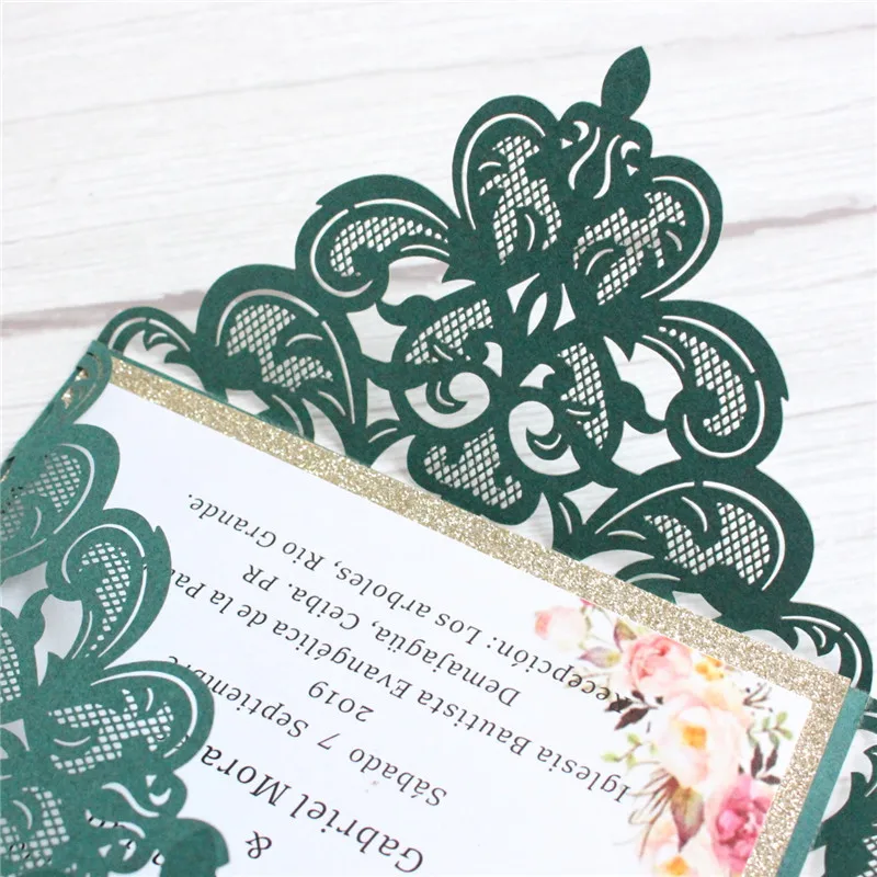 Elegant floral invitation cards for weeding Adult ceremony customized printing insert with glitter gold backing 50pcs