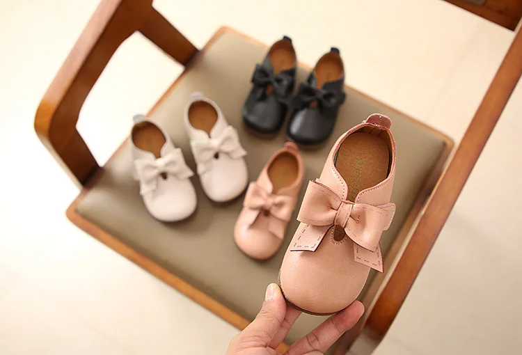 shorha New Toddler Baby Little Girls Bowknot Flat White Black Pink Casual Leather Shoes For Girls Shoes