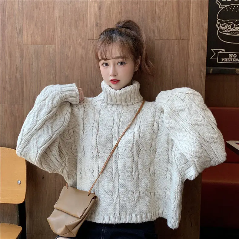 

Solid-colored thick high-necked sweater schoolgirl autumn/winter loose hemp flower set head knitted jacket top