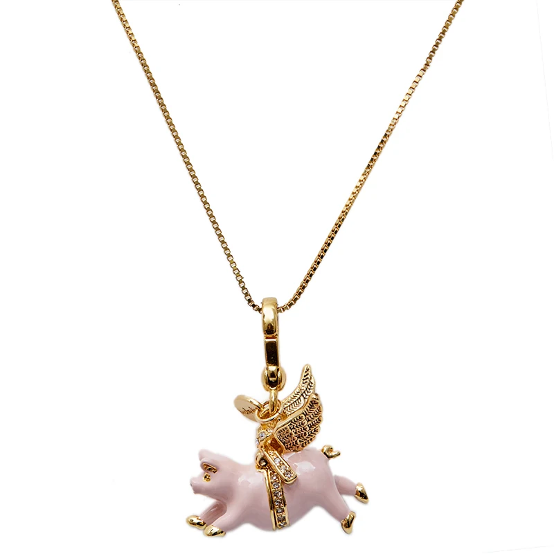 Lovely Pink Flying Pig Pendant Handmade Enamel Glaze Adjusted Long Chain Sweater Necklace