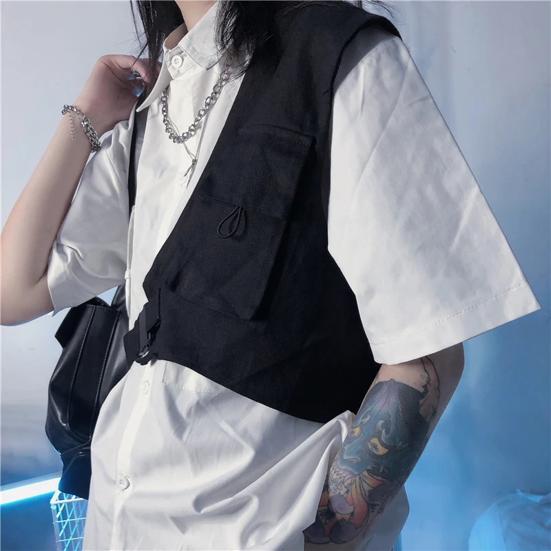 Vests Women Pocket Fashion Summer Adjustable Waist All-match Outwear Solid Casual Harajuku Aesthetic Simple Ulzzang Street Style