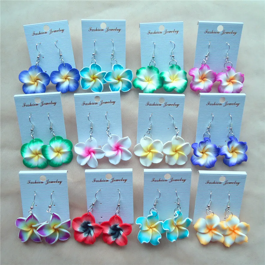 6pairs/lot 3cm Polymer Clay Hawaiian Plumeria Flowers Earrings Mixed Dangling Drop Frangipani Earrings For Women Holiday Jewelry