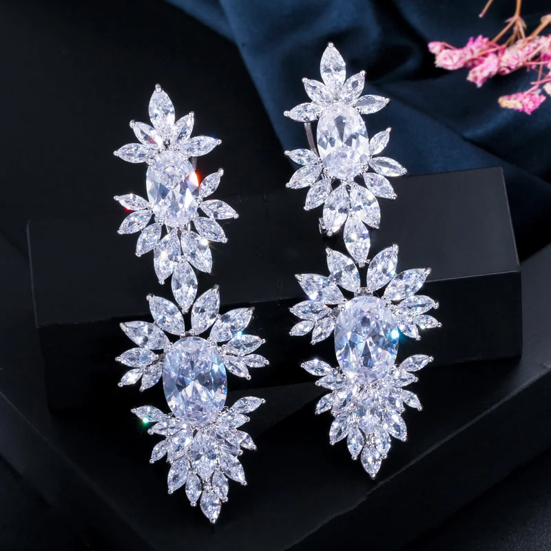 CWWZircons Luxurious Clear Cubic Zircon Stone Setting Long Wedding Drop Dangle Earrings with Marquise Shape Zirconia CZ322