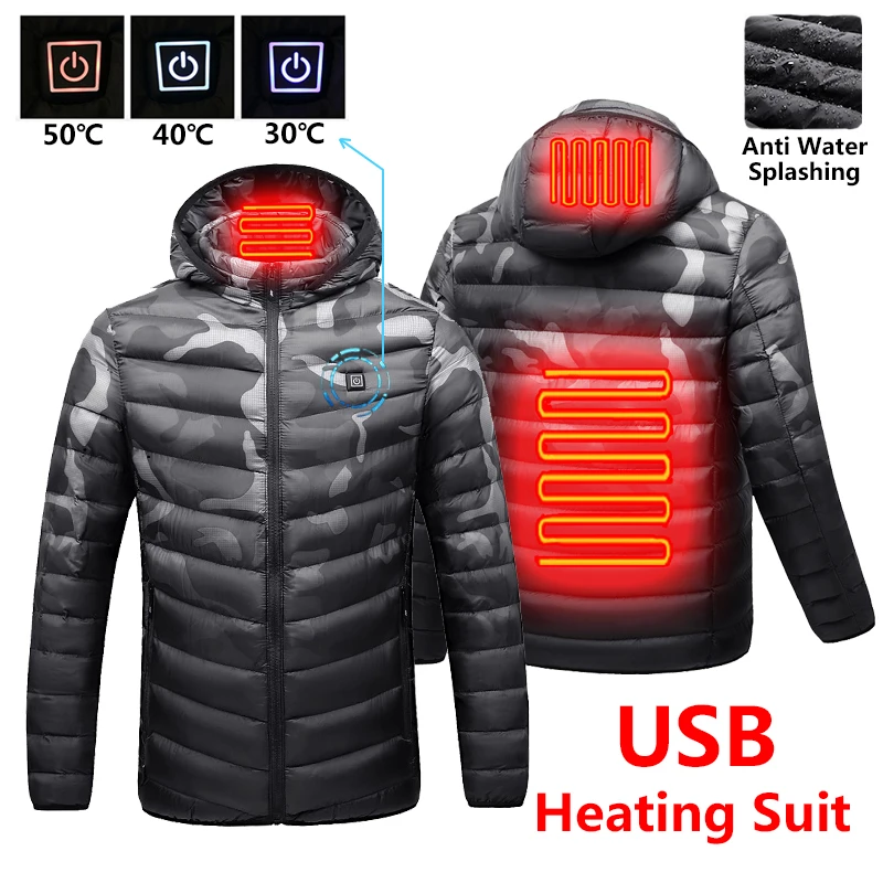 2022 New Men Winter Warm USB Heating Fleece Jackets Parkas Men Smart Thermostat Detachable Hooded Heated Waterproof Jacket Men