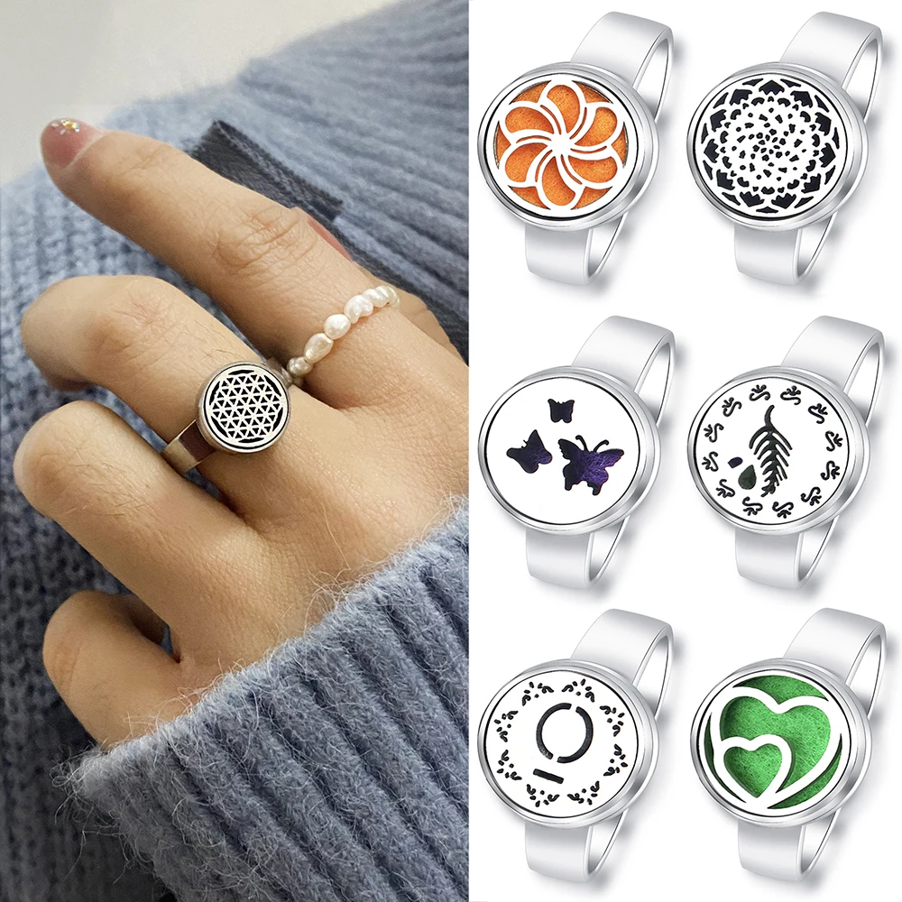 

2022 New Butterfly Aromatherapy Ring Stainless Steel Spiral Open Essential Oil Diffuser Locket Heart-Shaped Women Ring Jewelry