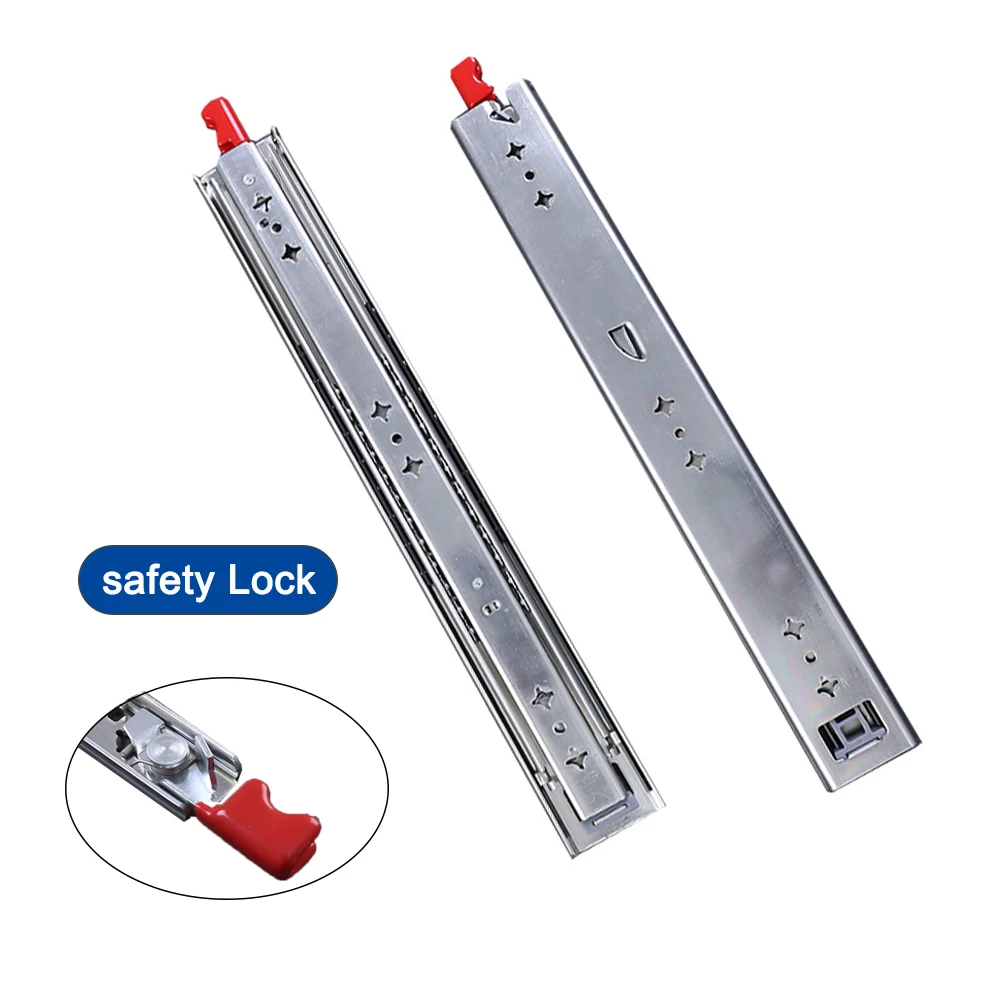 Drawer Slide Rail Heavy Duty ATM Vehicle Furniture Slider 53mm Safety Lock 120KG Capacity Ball Bearing Three Fold Full Extension