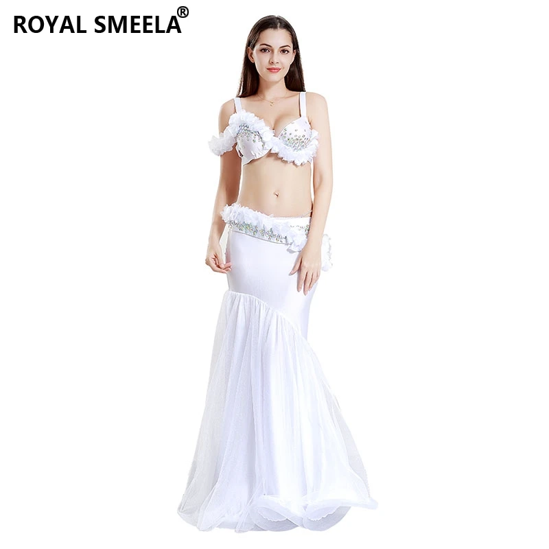 White belly dance costume Women belly dancing bra belt skirt Mermaid outfits Belly Dance Wear Professional Performance Dress