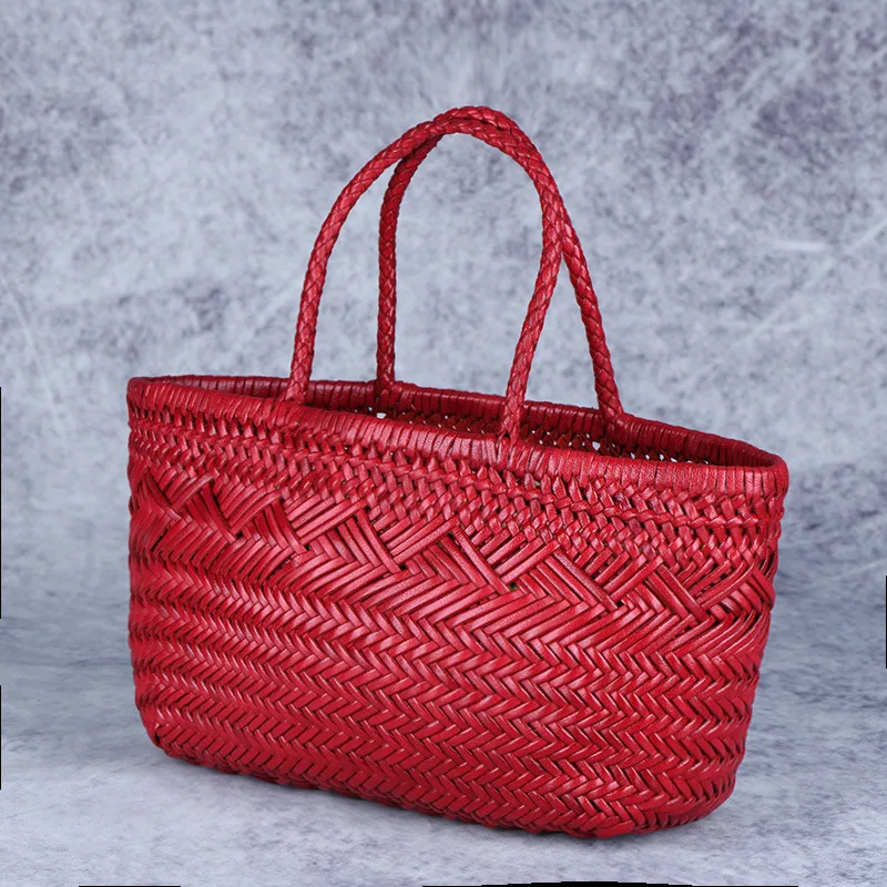 Designer woven totes bag women genuine leather cowskin knitting basket handbag female hollow out bucket bag 2022 summer new