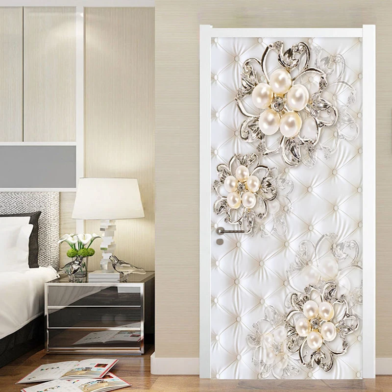 PVC Waterproof Wallpaper 3D Stereo Pearl Flower Door Sticker Mural European Style Soft Roll Door Poster Living Room Luxury Decal