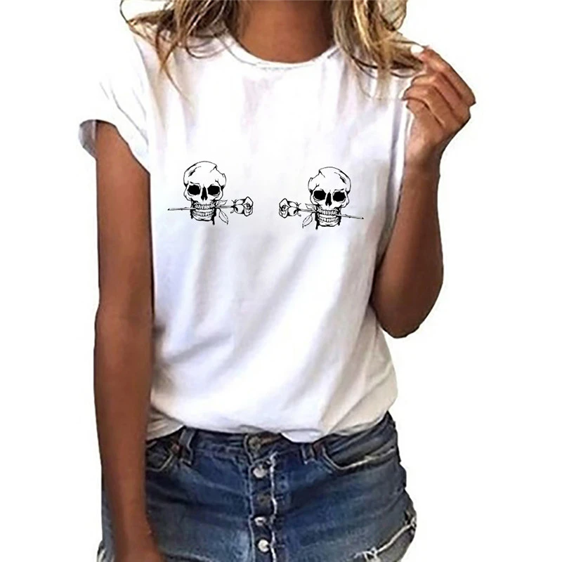 Women t shirt 2022 Summer Skull Middle Finger harajuku Print ladies Tshirts Short Sleeve Casual Streetwear Tee Shirt femme