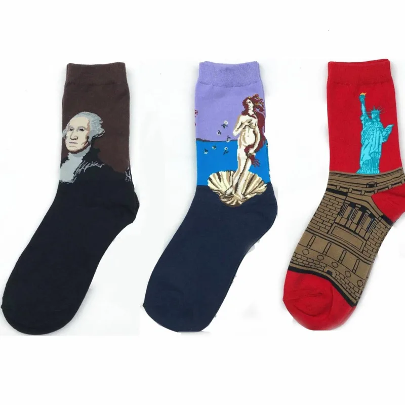 Nouveauté 1 paire hommes chaussettes nouveau hiver nuit étoilée Art monde célèbre peinture à l'huile coton chaussettes drôle nouveauté heureux chaussettes