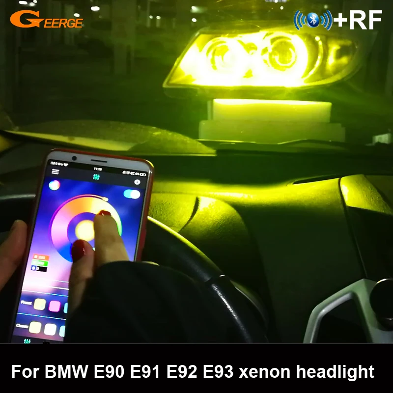 For BMW 3 Series E90 E91 E92 E93 Xenon Headlight RF Remote Bluetooth APP Multi Color Crystal DTM M4 Style RGB LED Angel Eyes Kit