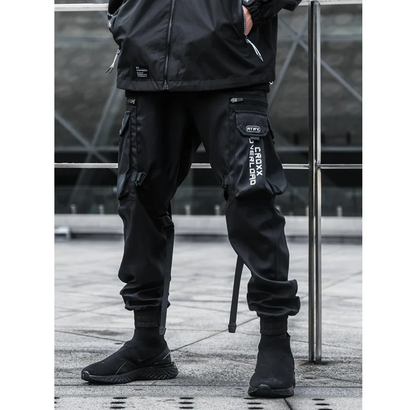 Calças de carga funcional tático joggers calças de cintura elástica preto dos homens hip hop streetwear multi-bolso calças techwear wb350