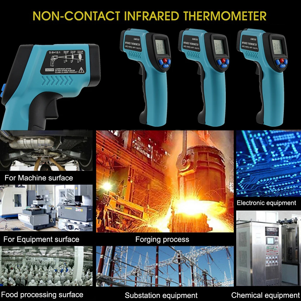 -50 ~ 550 ℃ 1022 ℉ Бесконтактный инфракрасный термометр, лазерный пистолет для измерения температуры, цифровой Бесконтактный промышленный термометр GM550