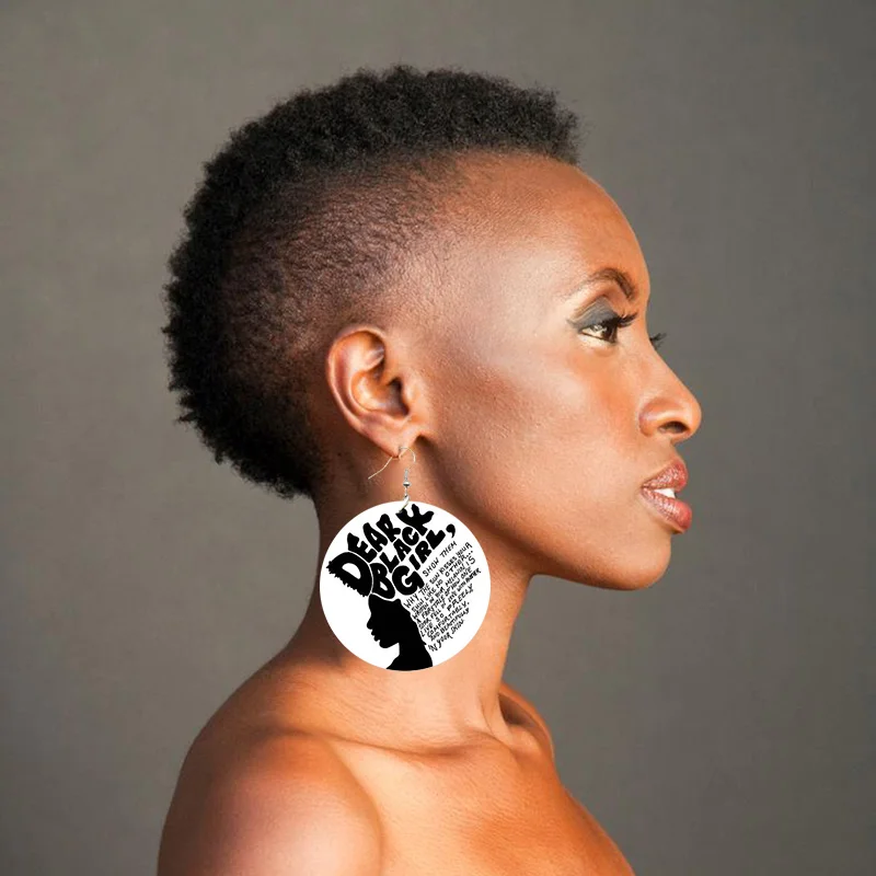 SOMESOOR Dear Black Girl African Woman Wooden Earrings With AFRO Natural Hair Power Words Sayings Printing Drop Earring Jewelry image 3