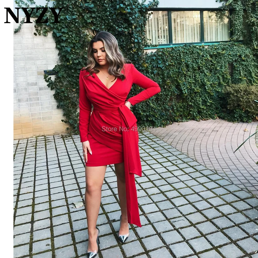 NYZY E324 شيك الأحمر السجاد المشاهير طويلة الأكمام فستان الحفلات السهرة قصيرة vestido coctel