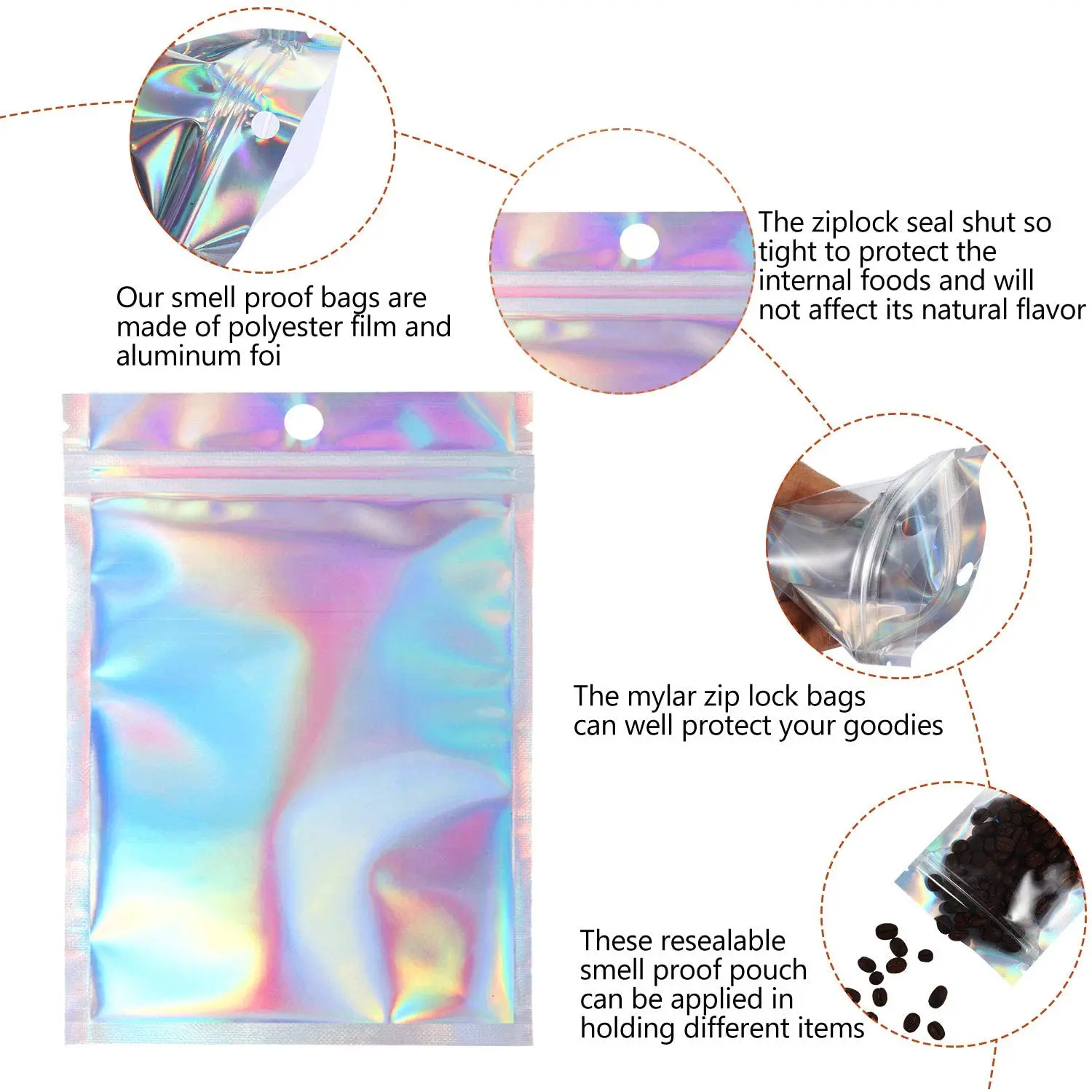 200 Pieces 4 Sizes Aluminum Foil Food Storage Bags Resealable Cosmetic Bag One Side Clear Holographic Foil Ziplock Bags