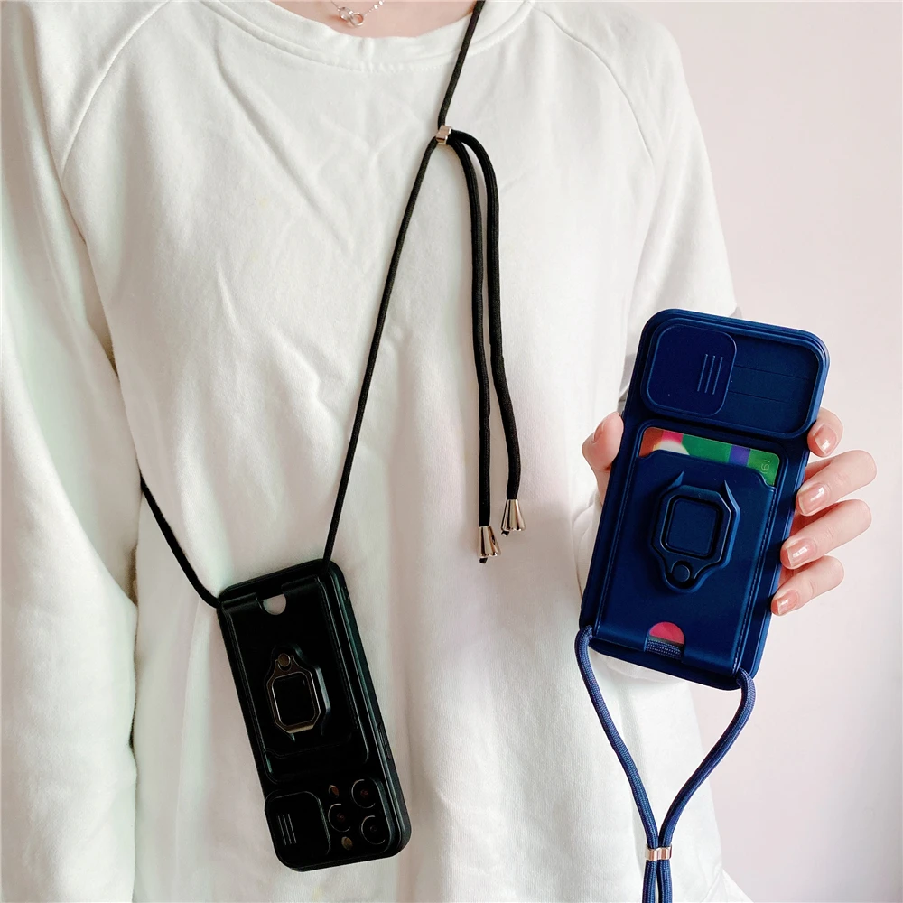 Crossbody Lanyard Silicone Ring Holder Card Wallet Case For iPhone 17 16 15 13 11 12 14 Pro Max XS XR 8 Plus Slide Camera Cover
