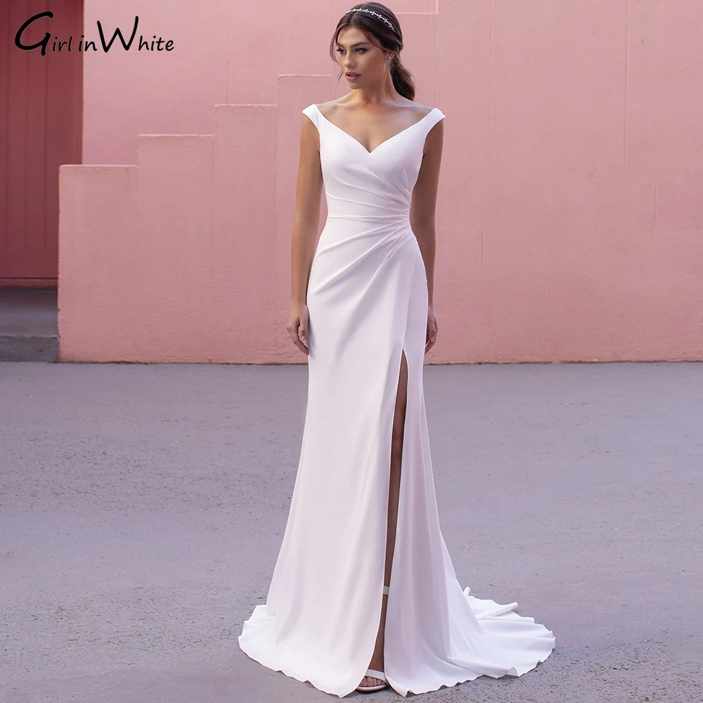 

Elegant Modern Mermaid Wedding Dresses Sexy V-Neck Sleeveless Satin Side Slit Sweep Train Simple Bridal Gowns Vestidos De Novia