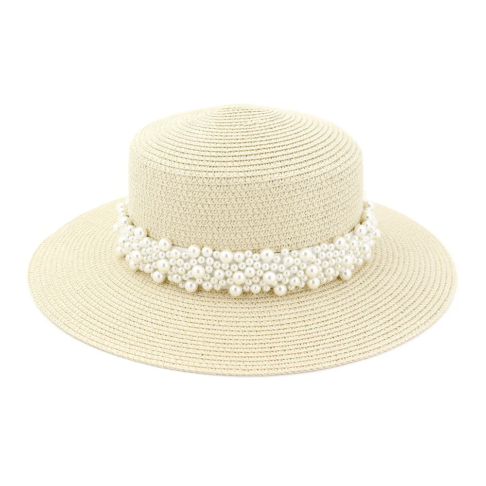 Straw hat pearl big brim women summer outdoor travel beach vacation seaside sun hat sunhat bucket hat 2020