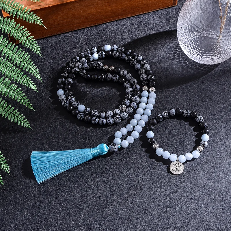 8mm Natural Stone Beads,Snowflake Obsidian,Aguamarina,Japamala Sets,Spiritual Meditation Yoga Jewelry,108 Mala Beads Necklace