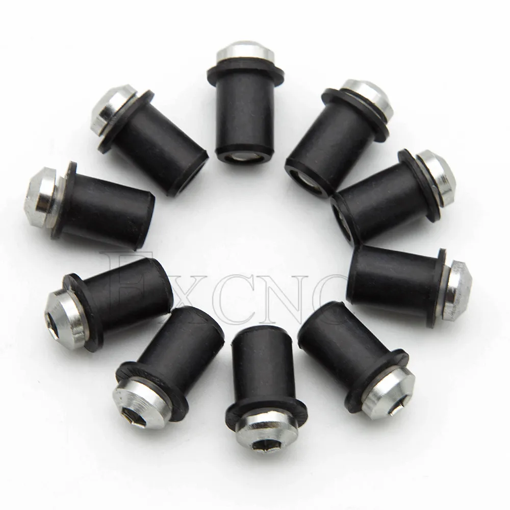 10PCS 5mm/0.20in Universal Motorcycle Rubber Well Nuts Windscreen Windshield Fairing Cowl Anodized Aluminum Moto Screws Bolts