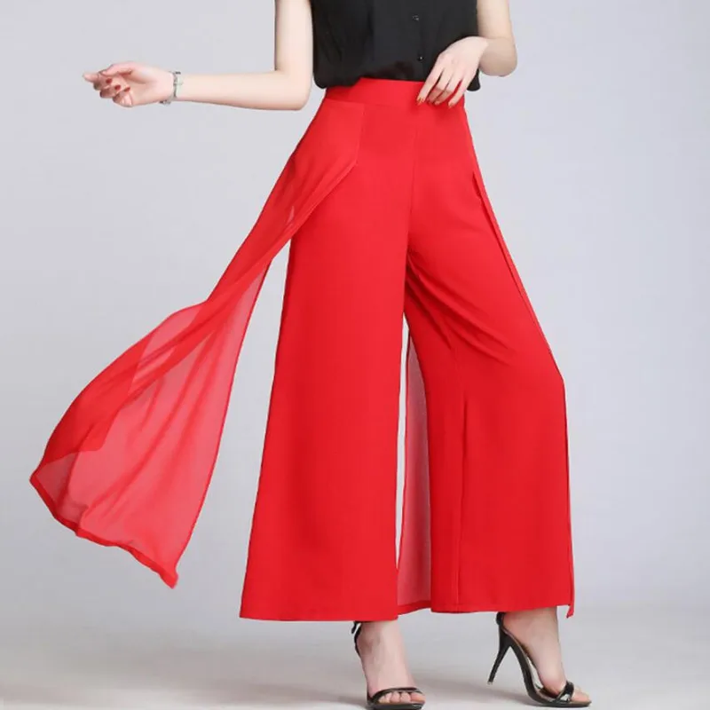 

2021 Summer Womens Chiffon Trousers Elegant Ladies High Waist Solid Color Loose Wide Leg Pants Female s1097