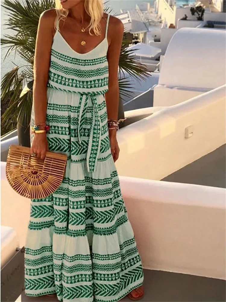 2021 New Women\'s Bohemian Style Deep V-Neck Print Beach Holiday Style Suspender Long Dress Sexy Bikini Swimsuit Beach Cover Ups