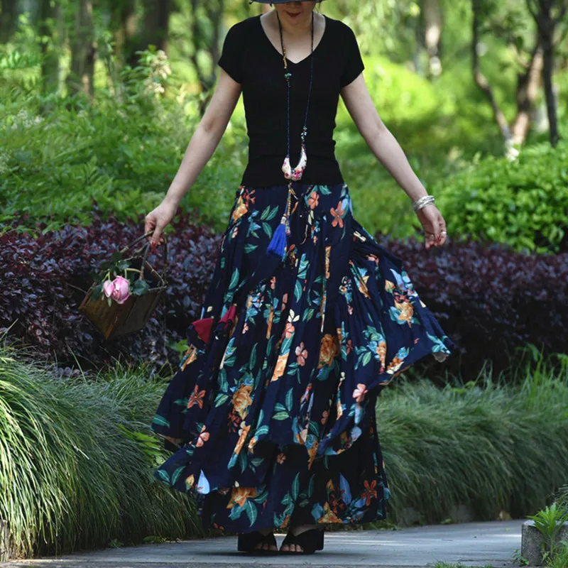 TIYIHAILEY Free Shipping 2021 Fashion Long Maxi A-line Elastic Waist Women Summer Cotton Print Flower Navy Blue Big Hem Skirt