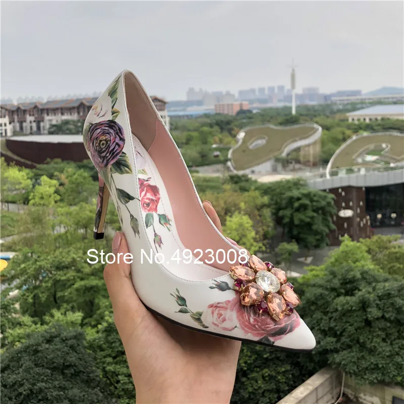 Scarpe da sposa bianche donna strass cristallo stampa floreale scarpe e borse italiane Set punta a punta tacco alto pompe primavera autunno