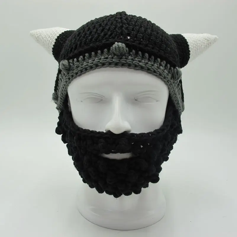 Men\'s Vikings Helmet Hat Horn Beard Gorro Fancy Dress Handmade Knit Winter Cap Warm Beanie Halloween Gift Vicking Party