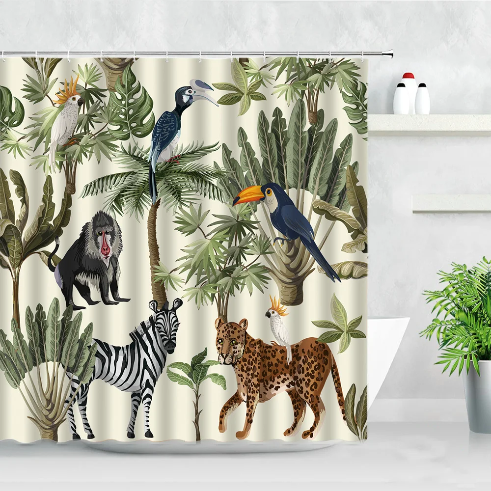 Plant Africa Leopard Shower Curtain Tropical Palm Leaf Zebra Toucan Flamingo Jungle Wild Animal Bathroom Decor Bath Curtains Set