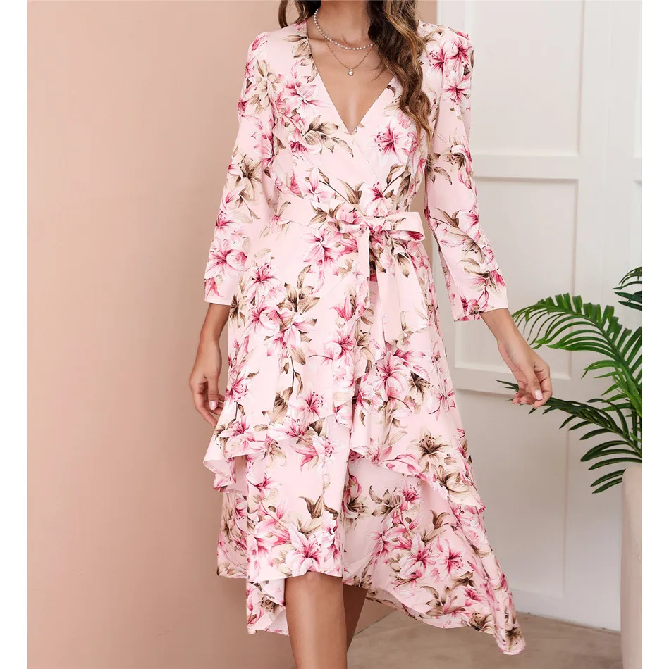 

CHYAOWU0130 Print Sexy V-neck Waist Ruffle Elegant Dresses for Women Long Sleeve Office Lady Flower Party Dresses платье женское