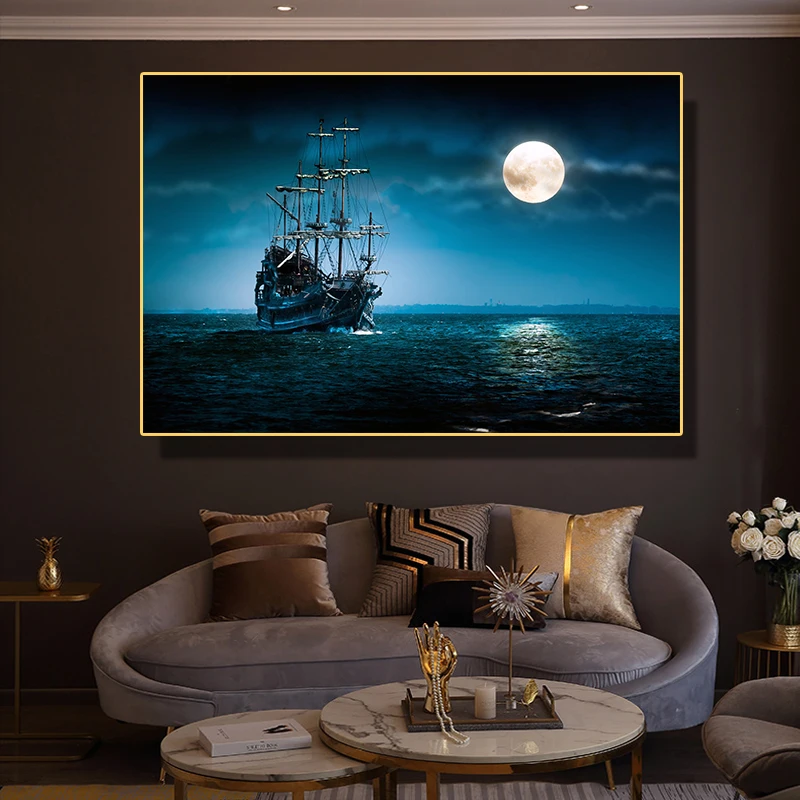 

Canvas Painting Seascape Poster HD Moon And Medieval Sea Warship Picture Creativity Home Decor Living Room Modern Art Painting