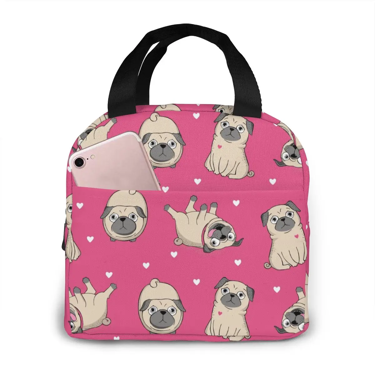 Cartoon Pugs With White Hearts Lunch Food Box Bag Insulated Thermal Food Picnic Lunch Bag for Women kids Men Cooler Tote Bag