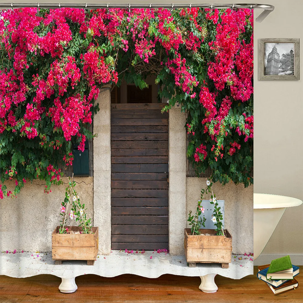 Street Building Scenery Shower Curtain Flower Plant Retro Old Door Summer Rural Landscape Bathroom Curtain Background Wall Decor