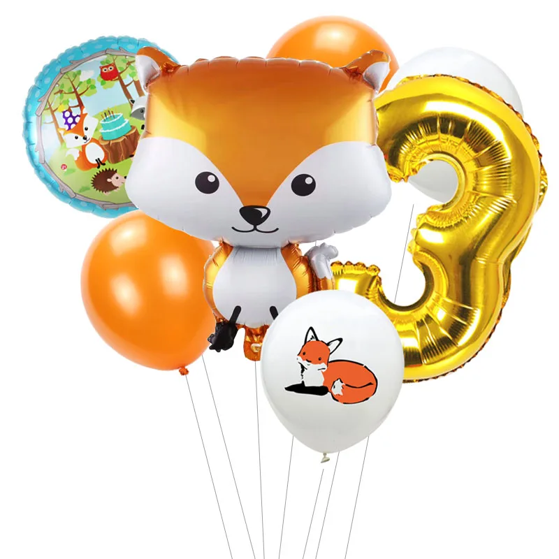 7pcs/lot Fox Balloons with Animal Latex Balloon Number Baby Shower Globos Children Birthday Party Decorations kids