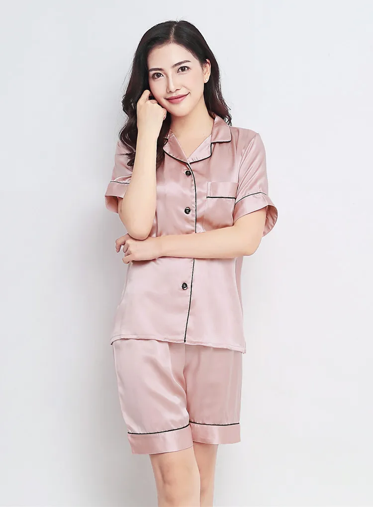 100% Mulberry Silk 22 momme Thick Women\'s Solid Colors Short sleeve Top with Shorts Pajama Set Sleepwear S M L XL 2XL LS100